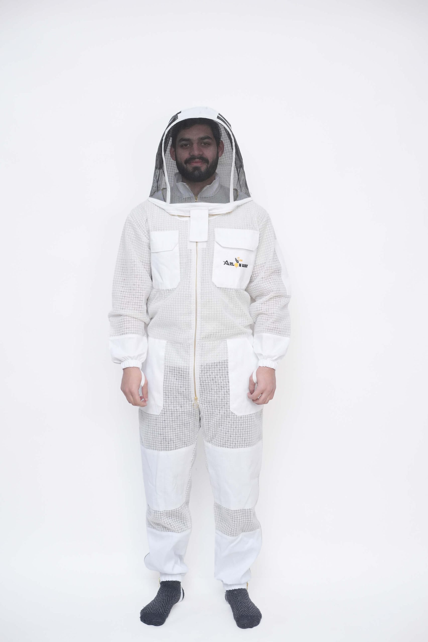 Durable full body beekeeping suit with attached fencing veil and secure zipper closure for maximum sting protection