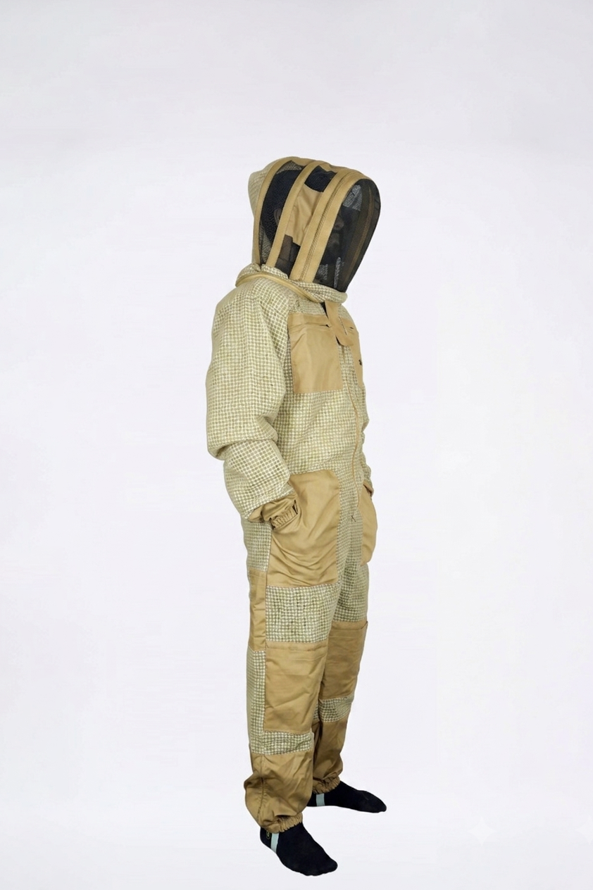 Full-body ventilated beekeeping coverall in khaki with round mesh fencing veil