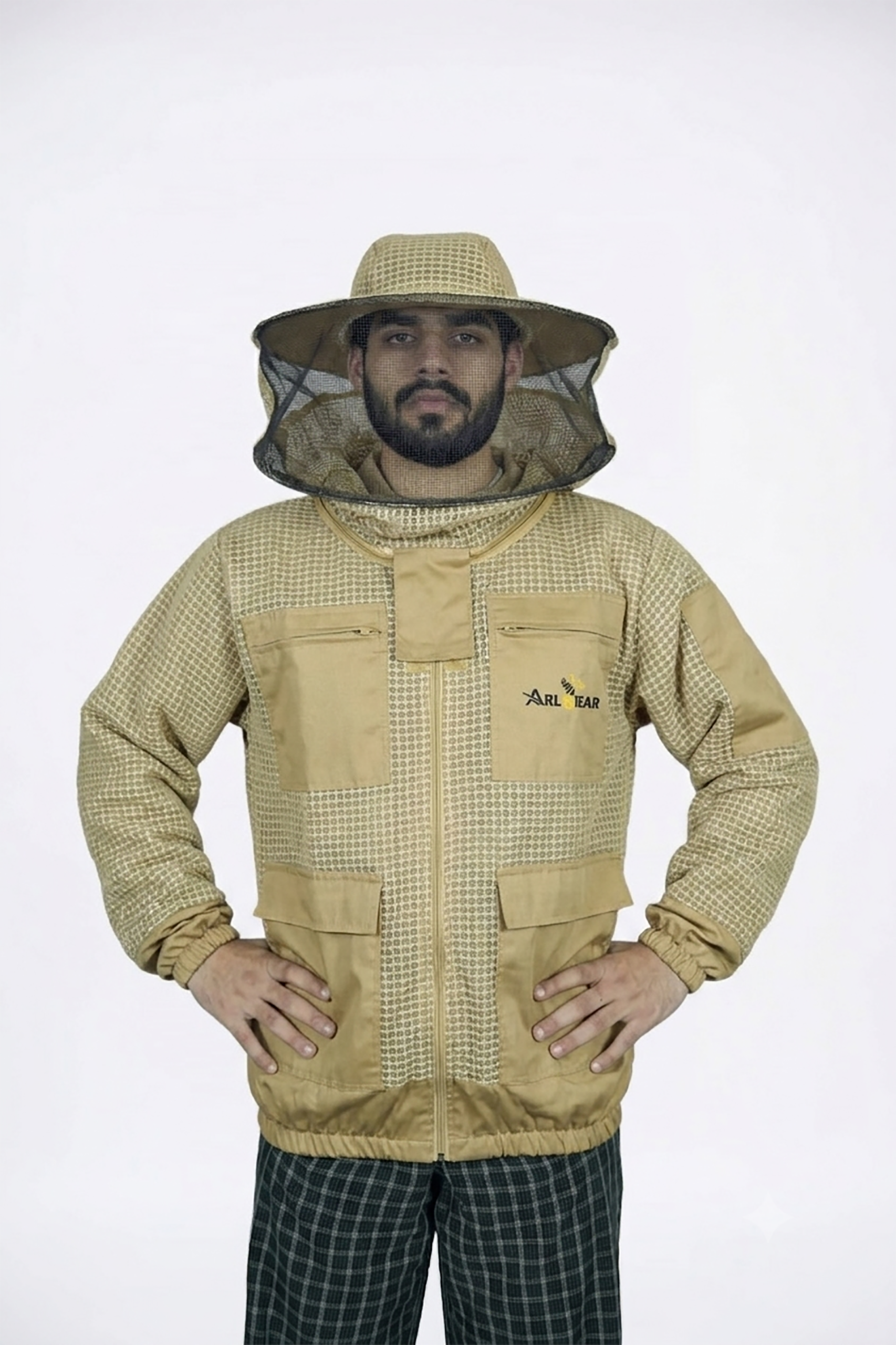 Front view of khaki ventilated beekeeping jacket with round hat veil, showing zippered chest pockets