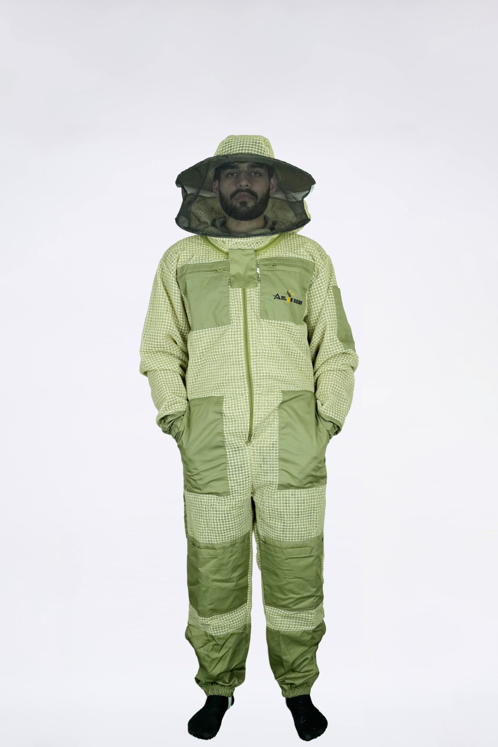 . Ultra-Ventilated 3-Layer Mesh Beekeeping Suit – Olive Green, Round Veil