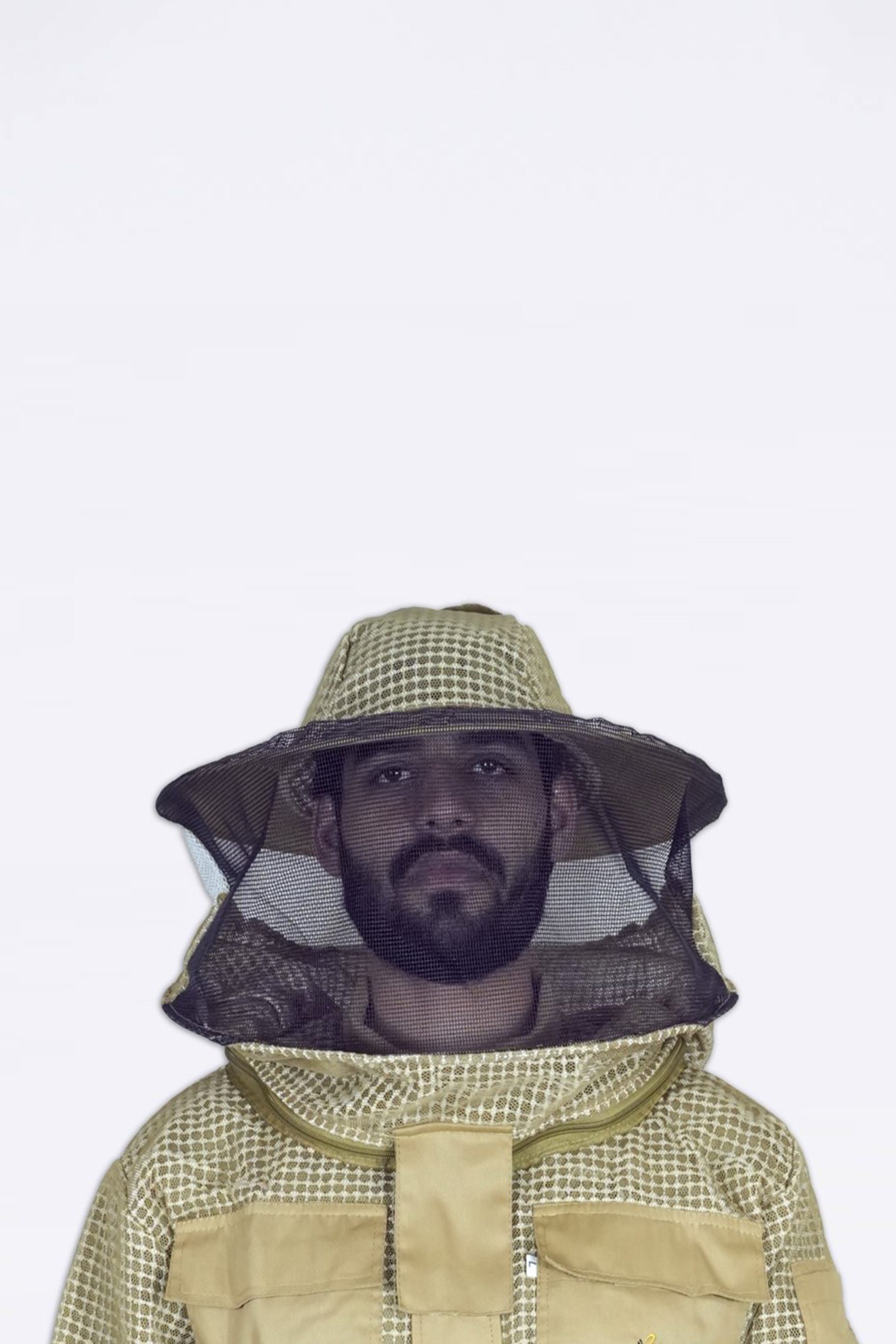 Khaki round fencing beekeeping veil with wide wire-supported brim attached to a ventilated mesh jacket