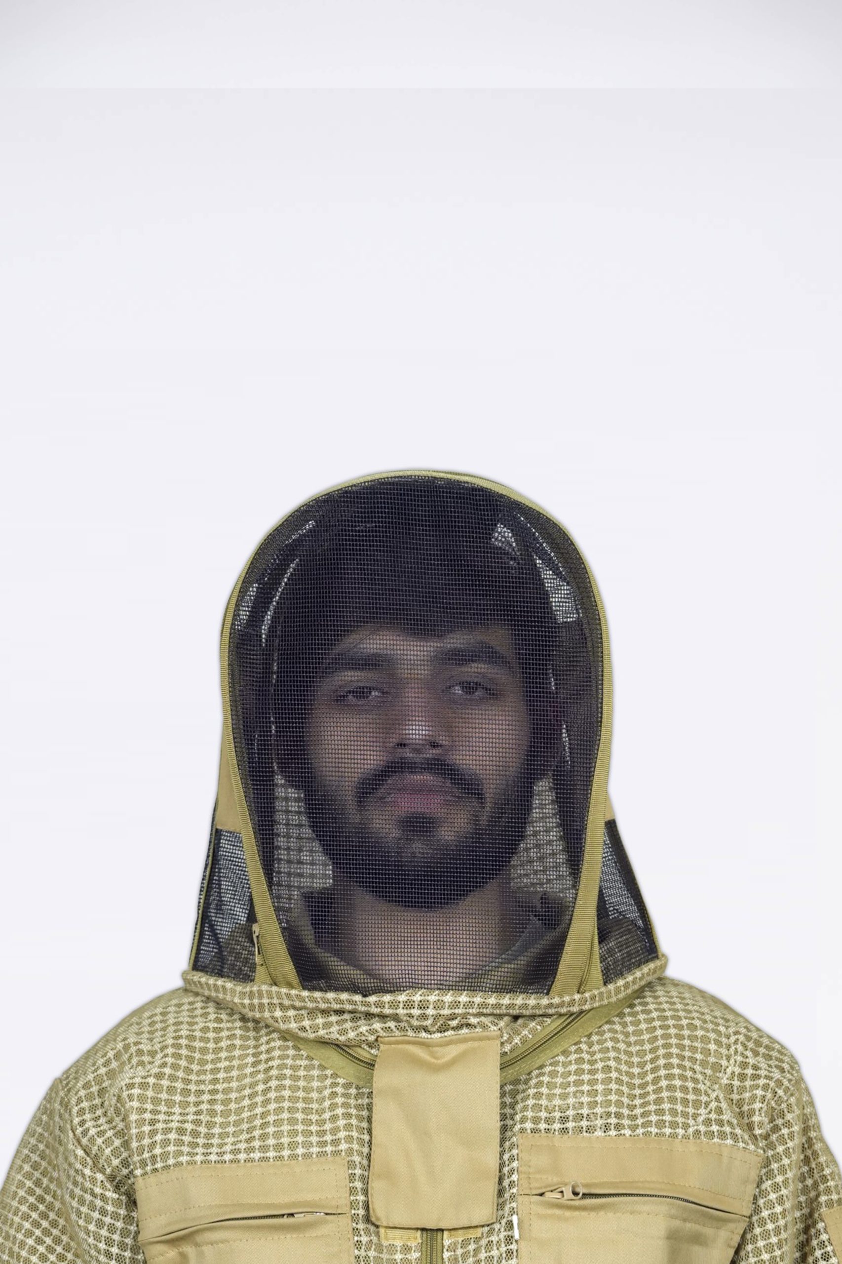 Khaki ventilated mesh beekeeping hood with dome-shaped netting and zipper closure worn over a jacket collar