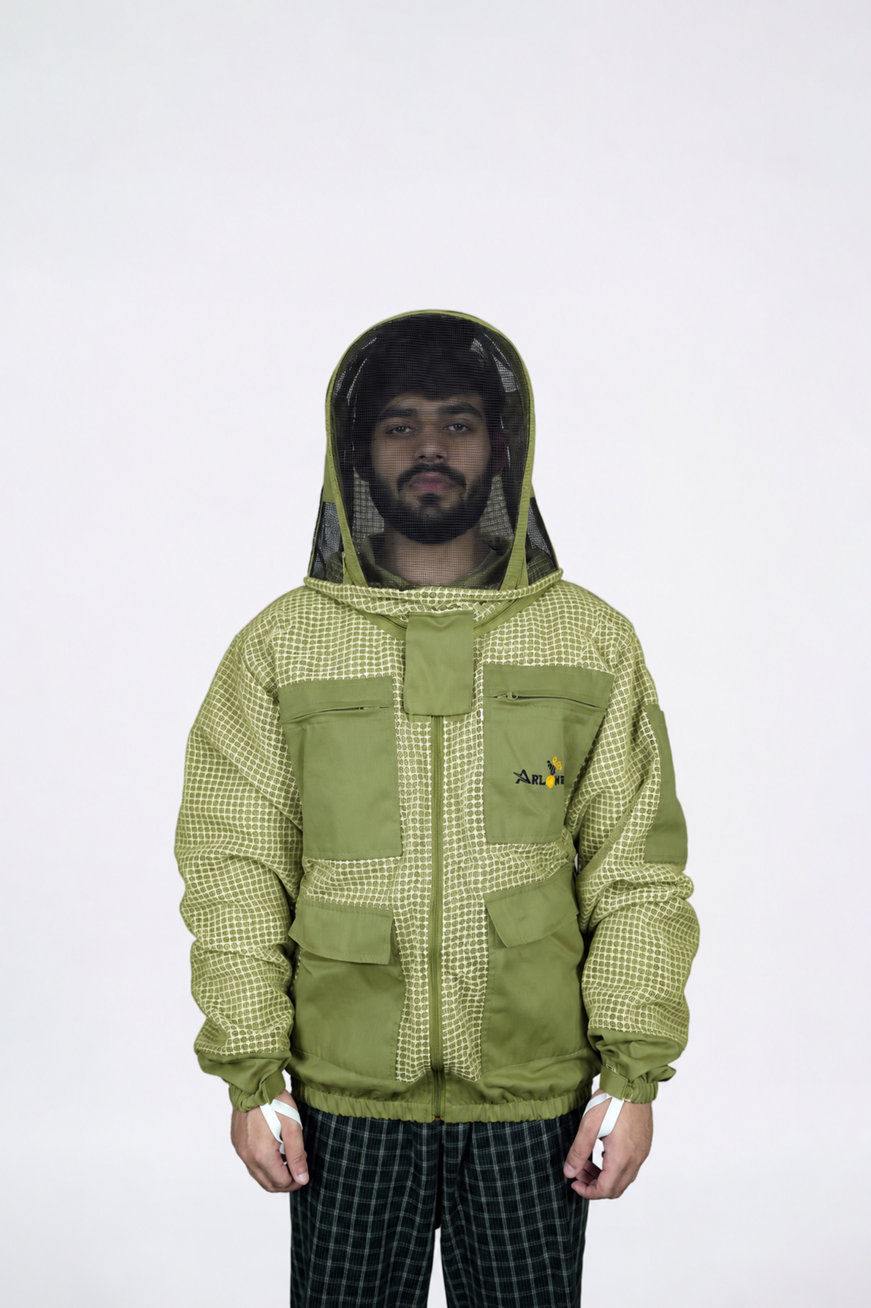 Man in olive green ventilated mesh beekeeping jacket with Fencing veil, front view, hands on hips